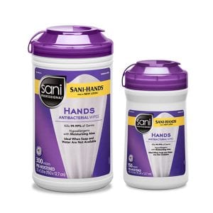 Two purple-colored Anti-bacterial hand sanitizing wipes canisters