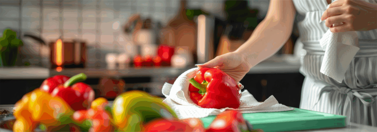 Back of House Service worker using a Dry Foodservice Towel in oroduce *syb0hero)
